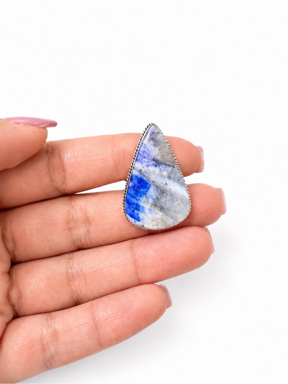 Handcrafted Teardrop Blue and White Stone Ring - Women Jewelry